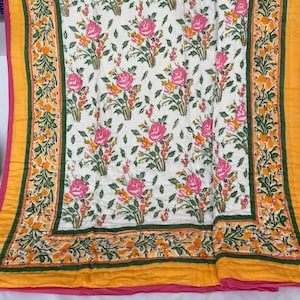Indian Block Printed Quilt, Reversible Floral Cotton Bedding Coverlets, Queen Size Bedspreads Blanket, Jaipuri Razai, Boho Bedroom Comforter