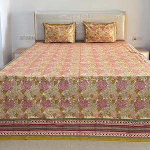 Hand-Block Print Bedsheet with Pillow Cover, Traditional Indian Bedspread, Luxury Queen Bedding Set, Cotton Flat Sheet, Ethnic Bedroom Decor
