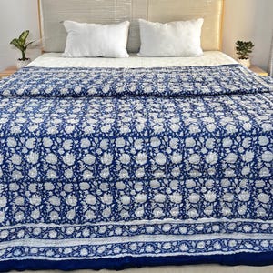 Indian Block Printed Jaipur Quilt, Reversible Blue Floral Bedspread, Lightweight Queen Comforter, Organic Cotton Bedding, Boho Bedroom Decor
