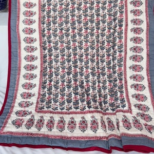 Hand Block Printed Cotton Quilt, Reversible Kantha Quilt, Floral Queen Comforter, Luxury Bedding Coverlet, Quilted Blanket, Boho Decor, Gift