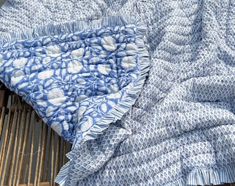Jaipur Blue Floral Block Print Quilt, Anokhi Lightweight Cotton Quilt, Indian Handmade Reversible Blanket