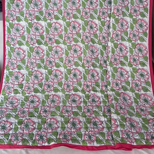 Hand Block Printed Cotton Quilt, Reversible Floral Bedspread, Vintage Jaipuri Razai, Twin Size Bedding Comforter, Decorative Quilted Blanket
