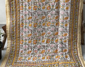 Anokhi Block Printed Green Quilt, Reversible Floral Cotton Quilt, Vintage Jaipuri Razai, Queen Bedspread