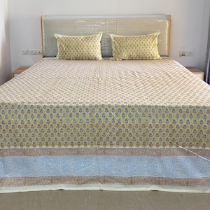 Jaipuri Block Printed Cotton Sheets, Traditional Floral Bedspreads with Pillowcases, Vintage Queen Flat Sheets, Luxury Bedroom Decor Gifts