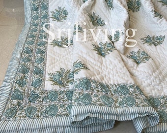 Hand Block Print Cotton Quilt: Reversible Floral Queen Size Razai