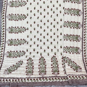 Indian Block Printed Cotton Quilt, Reversible Queen Bedding Set, Handmade Floral Cozy Blanket, Bohemian Quilted Bed Cover, Bedroom Comforter