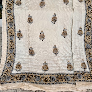Edredón con estampado de bloques hechos a mano de la India, edredón floral de algodón hecho a mano, colcha de Jaipuri, edredón bohemio, edredón de lujo de gran tamaño