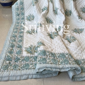 Indian Hand Block Print Handmade Queen Floral Cotton Quilted Quilt Cotton Reversible Queen Size Razai Quilt Handmade Cotton Bedspread