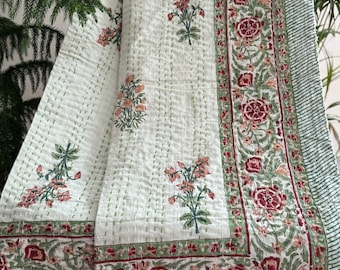 Handmade Floral Kantha Quilt: Vintage Cotton Bedspread