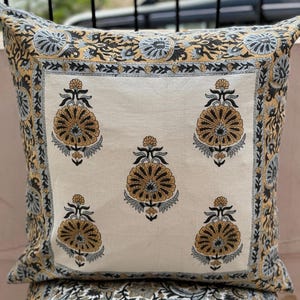 Handmade Block Print Cotton Pillow Cover: Bohemian Floral Cushion