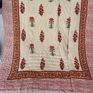 Jaipur Block Printed Cotton Quilt, Handmade Floral Bedspread Quilt, Reversible King Size Comforter, Lightweight Cozy Bedding Blankets, Gifts