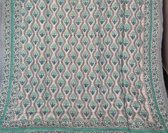 Anokhi Block Print Cotton Quilt, Reversible Floral Bedspread Comforter, Queen Size Quilt, Blanket