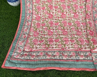 Winter Warm Razai Quilt, Ethnic Bedspread Quilt, Hand Block Print Quilt Blanket 100% Cotton Quilt, Light Weight Reversible Razai, Gifts