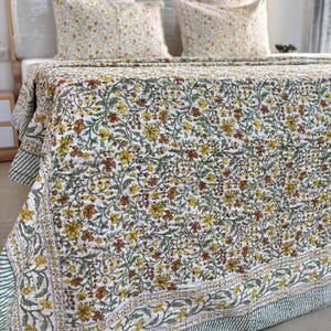 Handmade Floral Kantha Quilt: Vintage Indian Cotton Bedspread