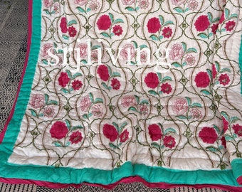 Srjliving Block Print Quilt, Jaipuri Razai, Handmade Comforter, Vintage Bedding,Anokhi Inspired Gift,Twin Queen Size Quilt,comforter blanket
