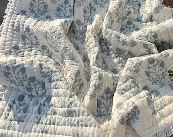 Jaipur Block Printed Cotton Quilt, Reversible Floral Frill Bedspread, Queen Size Quilt