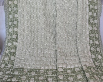 Hand Block Print Reversible Cotton Quilt, Jaipuri Queen Razai, Quilted Bedspread Comforter Set