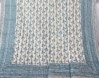 Srjliving Hand Block Printed Quilt, Handmade Floral Cotton Quilt, Kantha Quilt, Handmade Bedspread, Queen Quilt, 100% Cotton Blanket Throw