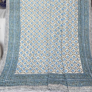 May include: A white and blue patterned quilt with a geometric design. The quilt features a repeating pattern of blue diamonds and floral accents. The border is a solid blue with a decorative pattern. The quilt is folded over a surface.