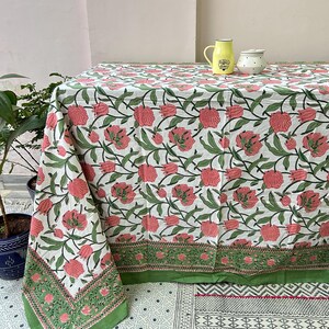 Block Printed Cotton Tablecloth, Indian Floral Table Cover, Boho Floral Dining Table Cover, Vintage Style Farmhouse Decor, Gift For New Home