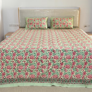 Block Print Cotton Bedsheet, Handcrafted Bedding Set, Boho Bedroom Decor, Soft Cotton Bed Cover,  Indian Queen Flat Sheet, Jaipur Bedspread