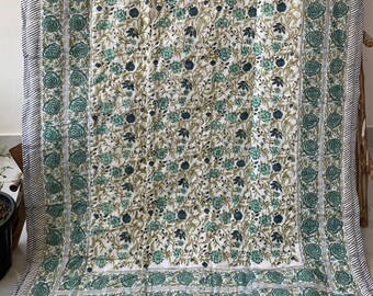 Handmade Jaipur Cotton Quilt, Anokhi Block Print Quilt, Reversible Floral Bedspread, Lightweight Comforter, Gifts