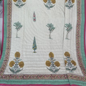 Jaipuri Hand Block Printed Quilt, 100% Cotton Lightweight Quilt, Reversible Bedding Comforter, Queen Size Bedspreads, Quilted Throw Coverlet