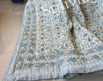 Indian Hand Block Print Handmade Queen Floral Cotton Quilted Quilt Cotton Handmade Bedspread Hand Block Print 100% Cotton Blanket Throw