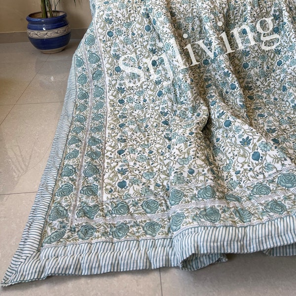Indischer Handblockdruck Handgefertigte Königin Blumen Baumwolle Gesteppte Quilt Baumwolle Handgemachte Tagesdecke Handblockdruck, 100% Baumwolle Decke werfen