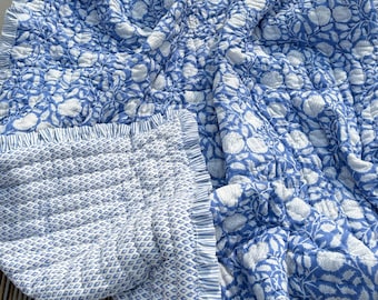 Handmade Blue Floral Ruffle Quilt, Jaipur Block Print Cotton Quilt, Reversible Luxury Bedding Set