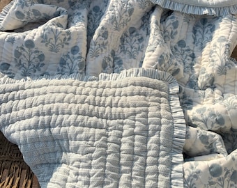 Anokhi Indian Cotton Block Printed Ruffles Quilt, Reversible Jaipuri Quilt, Luxury Frill Bedding Set