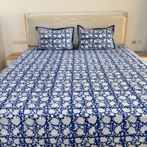 Indian Hand Made Cotton Bedsheet Set, Jaipur Block Printed Floral Bedspread With 2 Pillow Cover, Queen Flat Sheet, Ethnic Bedroom Decor,Gift