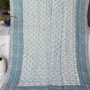 Anokhi Jaipuri Block Printed Reversible Quilt, Luxury Blue Floral Bedspread Comforter, Organic Cotton King Bedding Set, Bohemian Home Decor