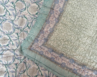 Hand Block Print Quilted Cotton Bedspread: Floral Queen Quilt, Reversible Bedding