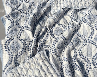 Authentic Jaipur Block Print Quilt, Reversible Soft Blue Floral Bedding Coverlet, Lightweight Cotton Blanket