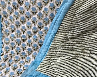 Indian Block Print Cotton quilt, Reversible Blue Floral Queen Bedspread, Lightweight Summer Comforter, Gift