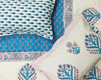Hand Block Printed Cotton Flat Sheet Set - 2 Pillow Covers, Vintage Jaipuri Print Bedding, Handmade Bed Sheet, Jaipuri Print Bed Linens