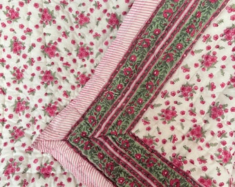 Traditional Indian Pink Floral Block Print Quilt, Reversible Floral Bedding Coverlet, Lightweight Cotton Bedspread