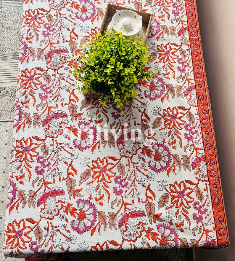 Jaipuri Print Table Cloth Indian Handmade Table Linens, Flower Block Print TableCloth Kitchen Table Cover, Dinning Cover, Farmhouse Decor image 4