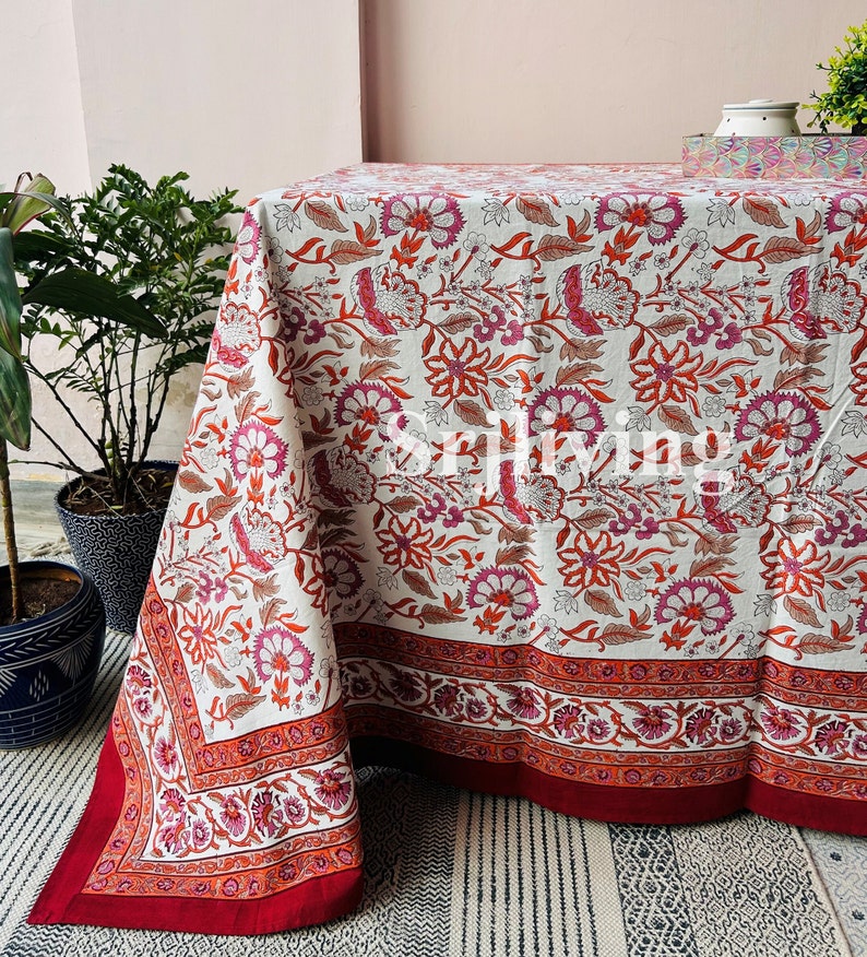 Jaipuri Print Table Cloth Indian Handmade Table Linens, Flower Block Print TableCloth Kitchen Table Cover, Dinning Cover, Farmhouse Decor image 3