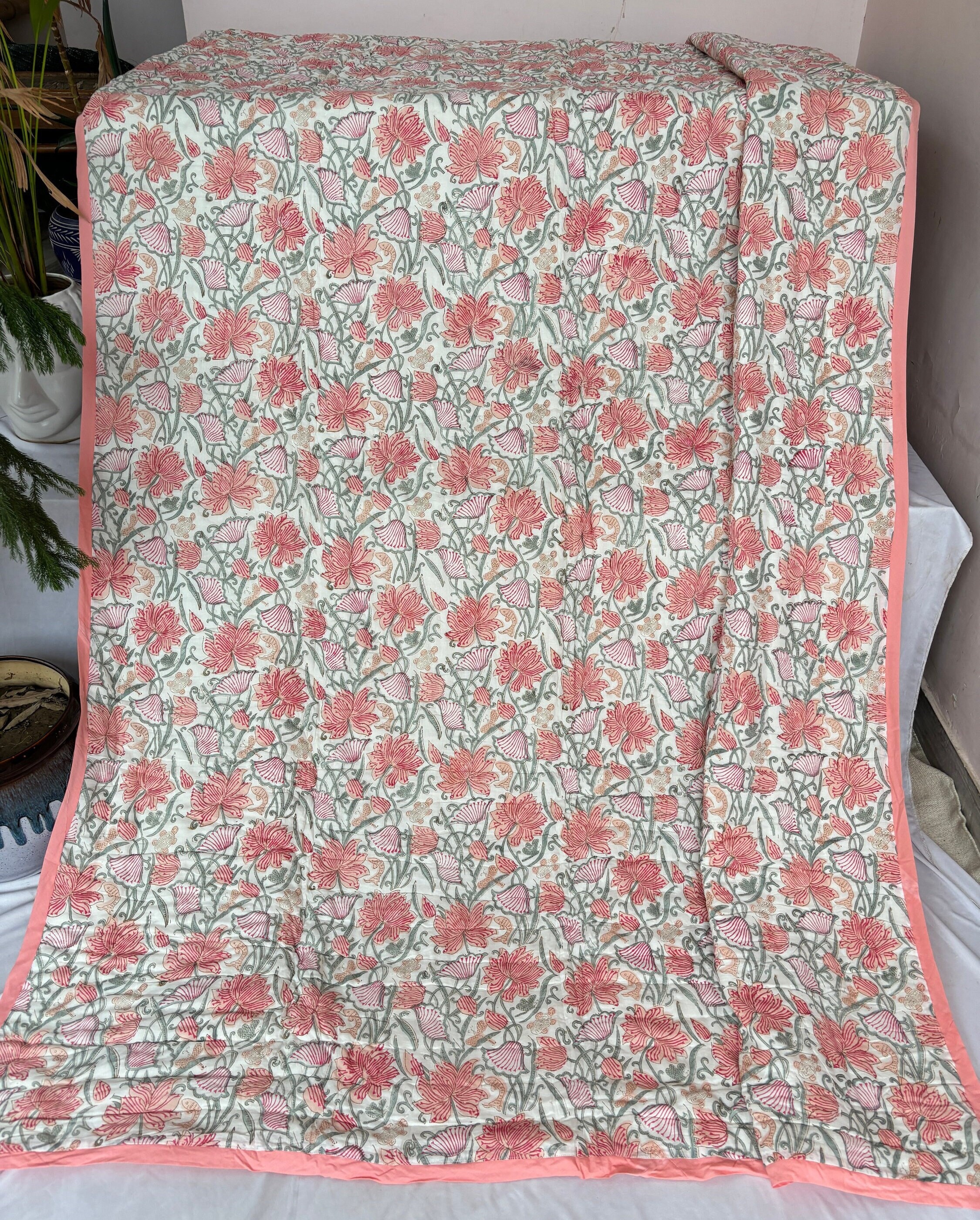 Srjliving Handmade Quilt, King Size Quilt, Queen Size Quilt Comforter, Indian Blanket, Block Print Quilt, Bedspread Handmade Floral Dohar