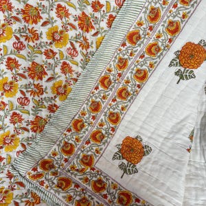 Anokhi Block Printed Jaipuri Quilt, Reversible Floral Cotton Bedding, Artisan Crafted Queen Size Bedspread Blankets, Boho Bedroom Comforter