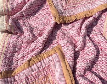 Geometric Pink Block Printed Cotton Quilt, Reversible Boho Quilted Blanket, Handmade Lightweight Bedspread Comforter
