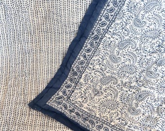 Blue Paisley Design Block Printed Cotton Quilt, Reversible Jaipuri Razai, Lightweight Bedspread Comforter