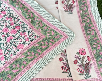 Handmade Pink Floral Block Print Cotton Quilt: Reversible Indian Razai Bedspread
