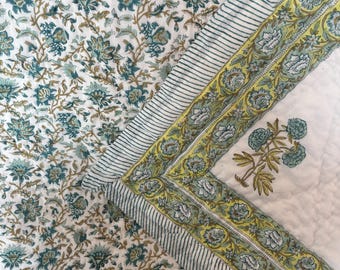 Hand Block Print Cotton Quilt: Reversible Floral Jaipuri Bedspread