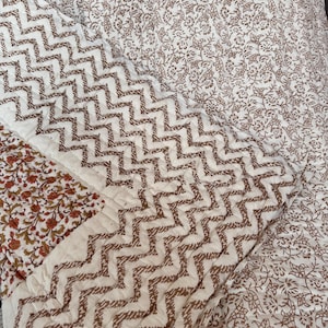 Anokhi Hand Block Printed Jaipur Quilt, Reversible Indian Floral Bedspread, 100% Organic Cotton Quilt, King Bedding Comforter, Jaipuri Razai