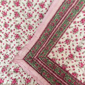 Indian Hand Block Printed Pink Floral Quilt, Reversible Organic Cotton Comforter, King Size Jaipuri Famous Bedspreads, Boho Bedding Blankets