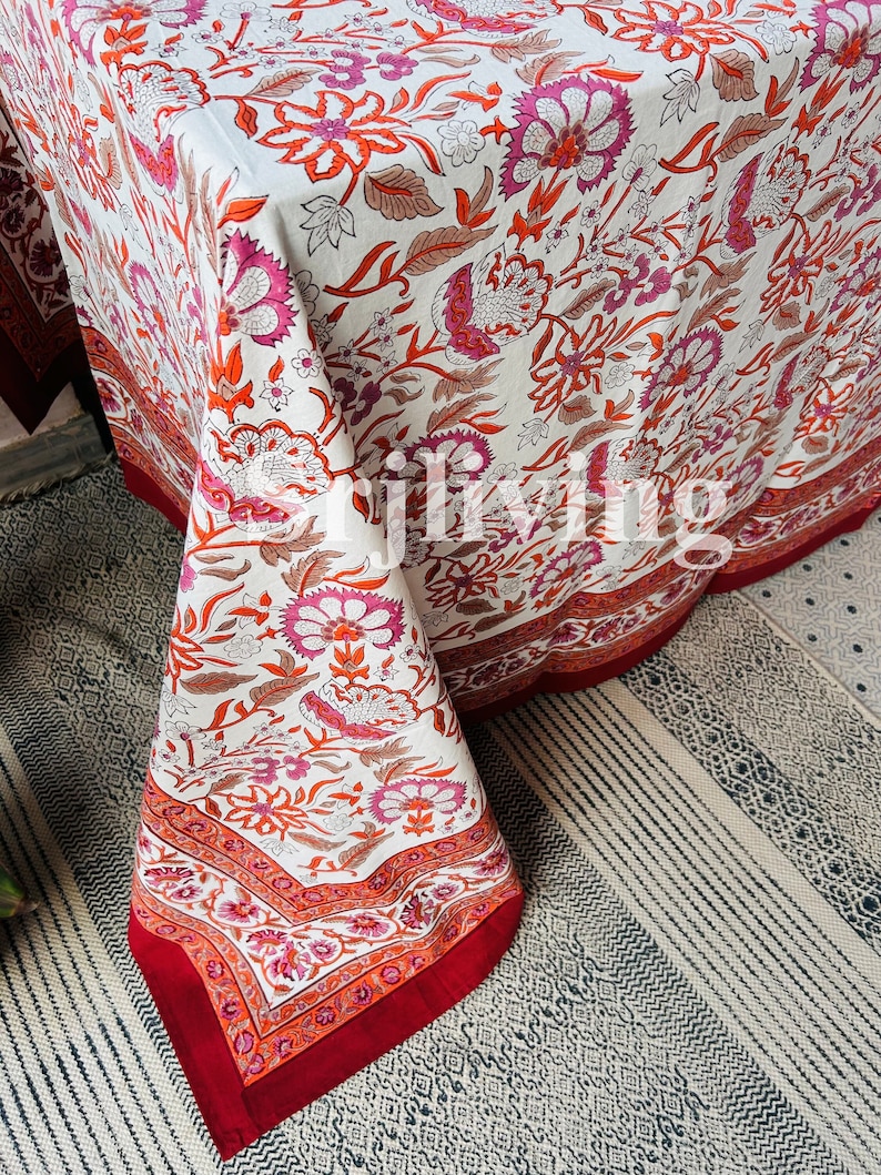 Jaipuri Print Table Cloth Indian Handmade Table Linens, Flower Block Print TableCloth Kitchen Table Cover, Dinning Cover, Farmhouse Decor image 8