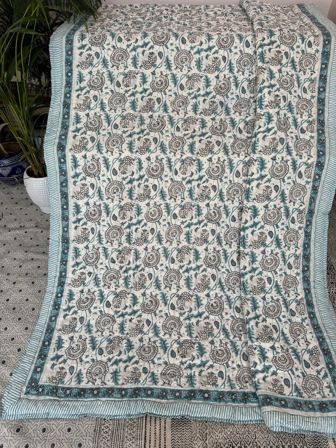 Srjliving Indian Block Print Quilt, Handmade Jaipuri Razai, Vintage